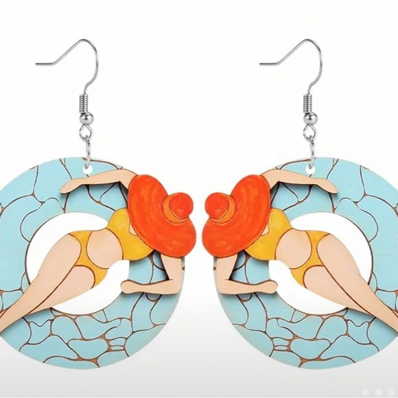 Jewelry - Acrylic Bikini Babe on Pool Floatie Dangle Earrings Ring Float Beach Swim Suntan